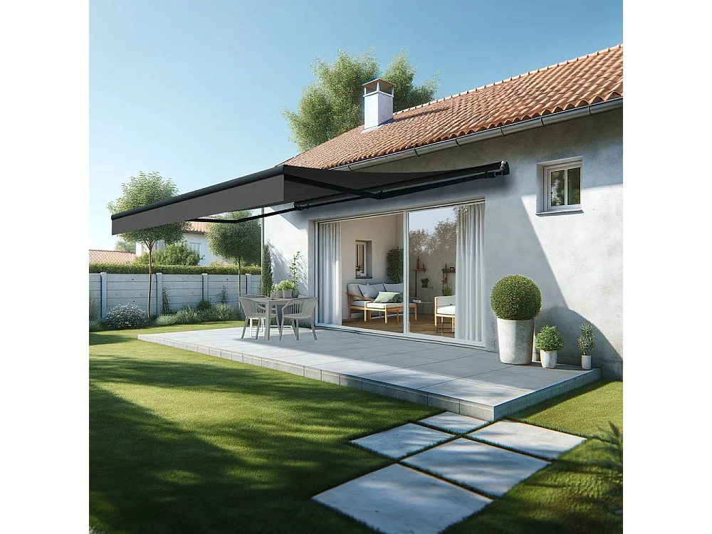 Store banne monobloc ESPAI 5,00x3,50m (Manuelle - Gris Graphite - Gris anthracite)