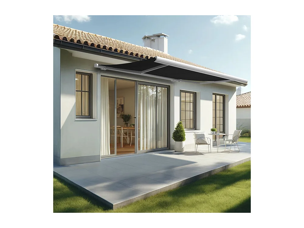 Store banne coffre MEEL 4,00x3,00m (Motorisé à interrupteur + manœuvre de secours - Gris Graphite - Blanc)