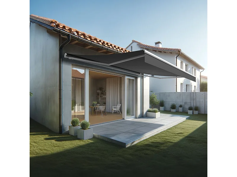 Store banne monobloc ESPAI 6,00x3,50m (Motorisé à interrupteur + manœuvre de secours - Gris Graphite - Blanc)