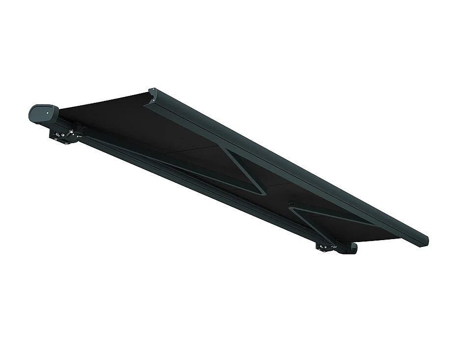 Store banne coffre MEEL 6,00x3,00m (Motorisé à télécommande + manœuvre de secours - Noir - Gris anthracite)