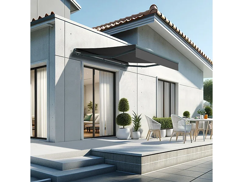 Store banne monobloc ESPAI 3,00x2,00m (Motorisé à télécommande + manœuvre de secours - Noir - Gris anthracite)