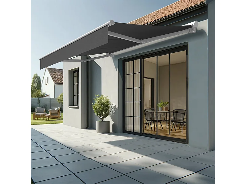 Store banne semi-coffre SARARI 3,00x2,00m (Manuelle - Gris Graphite - Blanc)