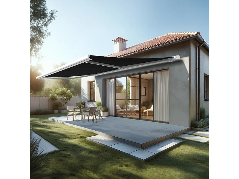 Store banne coffre MEEL 6,00x3,00m (Manuelle - Noir - Blanc)