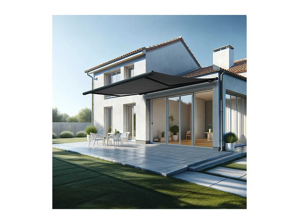 Store banne coffre MEEL 5,00x3,50m (Motorisé à télécommande + manœuvre de secours - Gris Graphite - Gris anthracite)