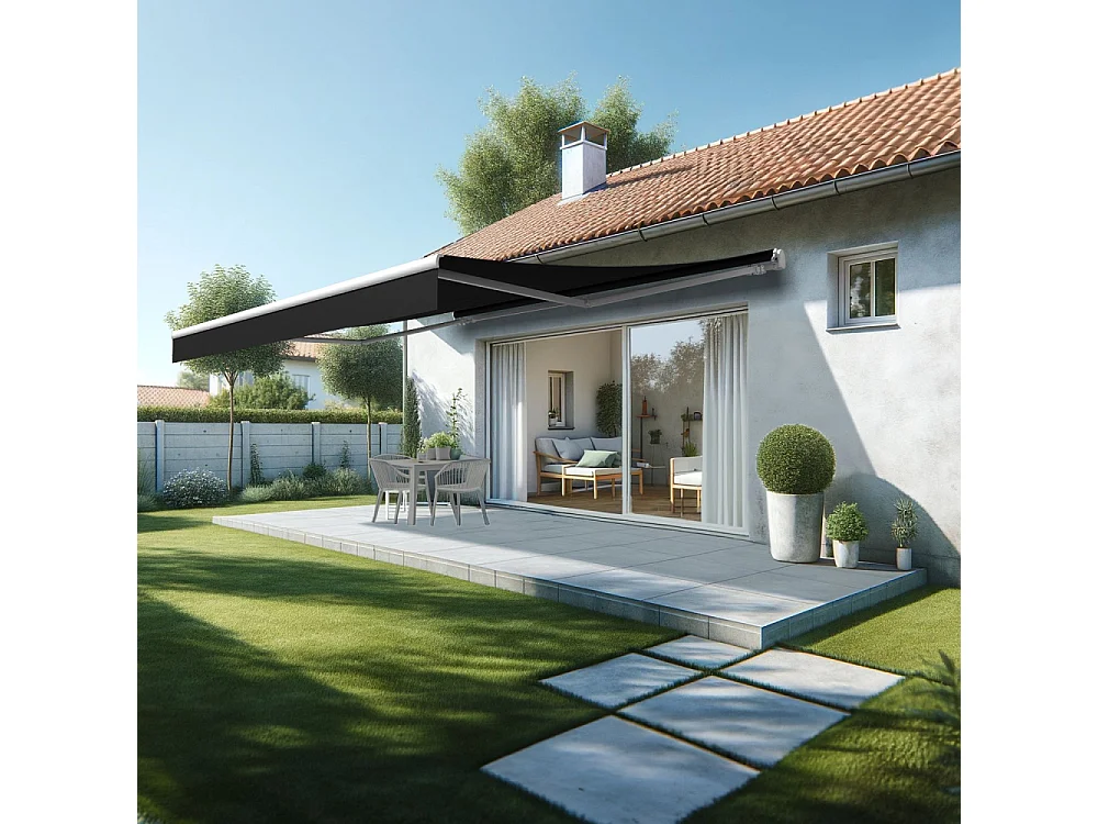 Store banne monobloc ESPAI 5,00x3,50m (Manuelle - Noir - Blanc)