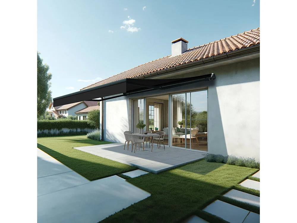 Store banne monobloc ESPAI 5,00x3,00m (Manuelle - Noir - Gris anthracite)