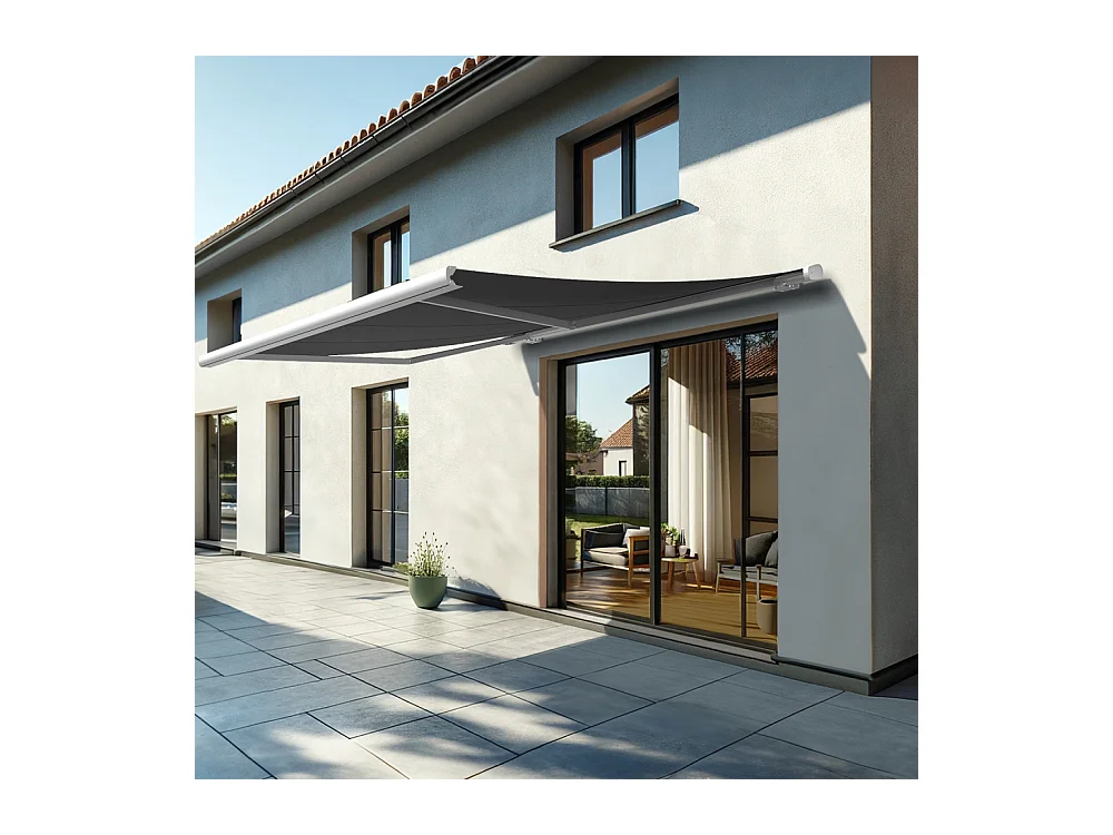 Store banne coffre MEEL 4,00x3,50m (Motorisé Secours à Télécommande + LED - Gris Graphite - Blanc)