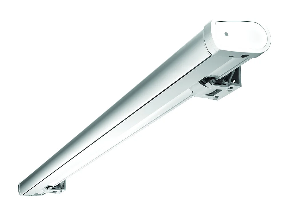 Store banne coffre MEEL 4,00x3,50m (Motorisé Secours à Télécommande + LED - Gris Graphite - Blanc)