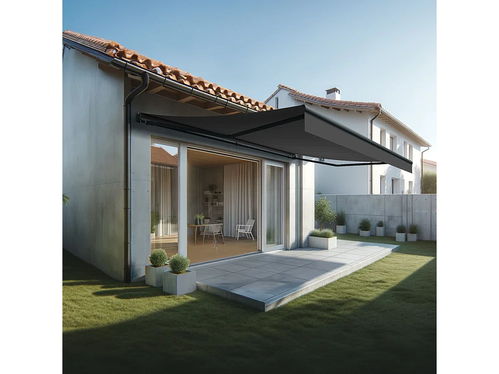 Store banne monobloc ESPAI 6,00x3,50m (Motorisé à télécommande + manœuvre de secours - Gris Graphite - Gris anthracite)