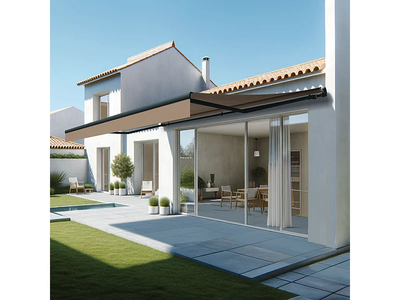 Store banne monobloc ESPAI 6,00x3,00m (Motorisé à télécommande + manœuvre de secours - Taupe - Gris anthracite)