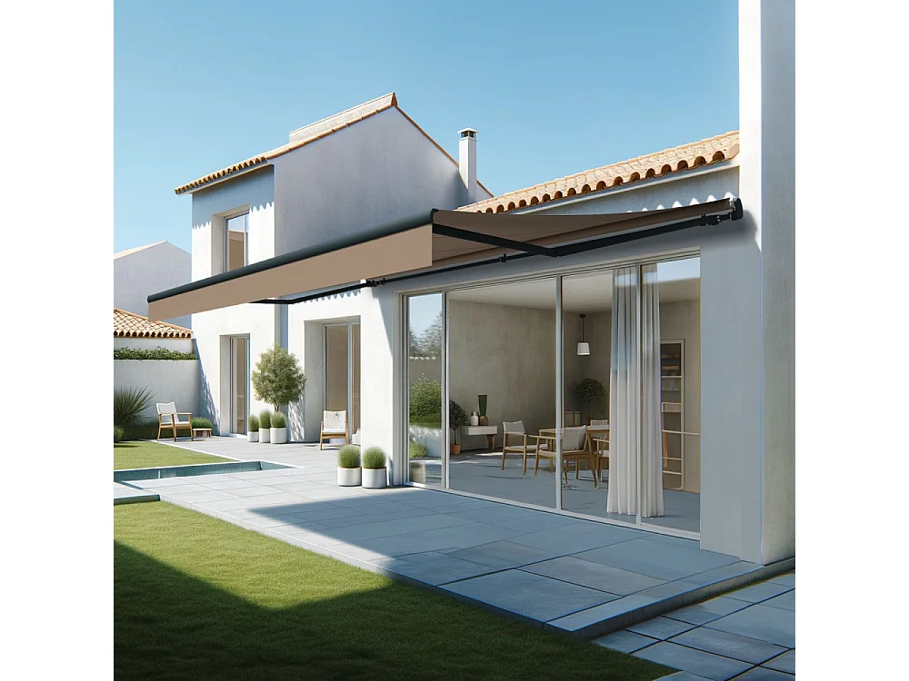 Store banne monobloc ESPAI 6,00x3,00m (Motorisé à télécommande + manœuvre de secours - Taupe - Gris anthracite)