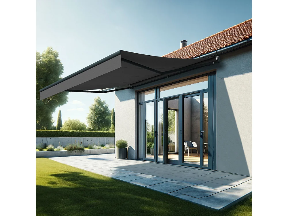 Store banne monobloc ESPAI 4,00x3,50m (Motorisé à télécommande + manœuvre de secours - Gris Graphite - Gris anthracite)