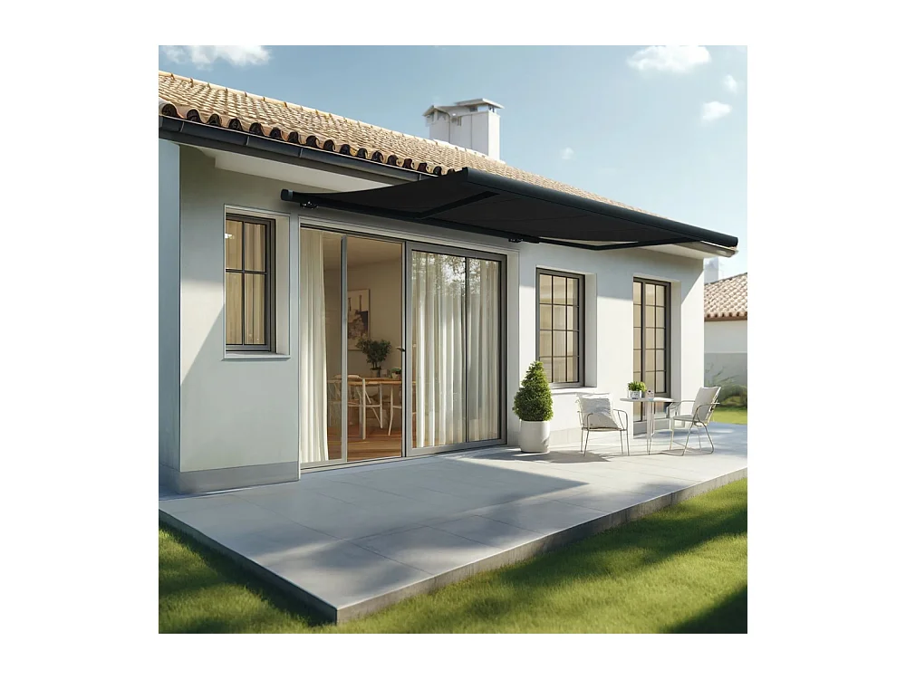 Store banne coffre MEEL 4,00x3,00m (Motorisé à interrupteur + manœuvre de secours - Noir - Gris anthracite)