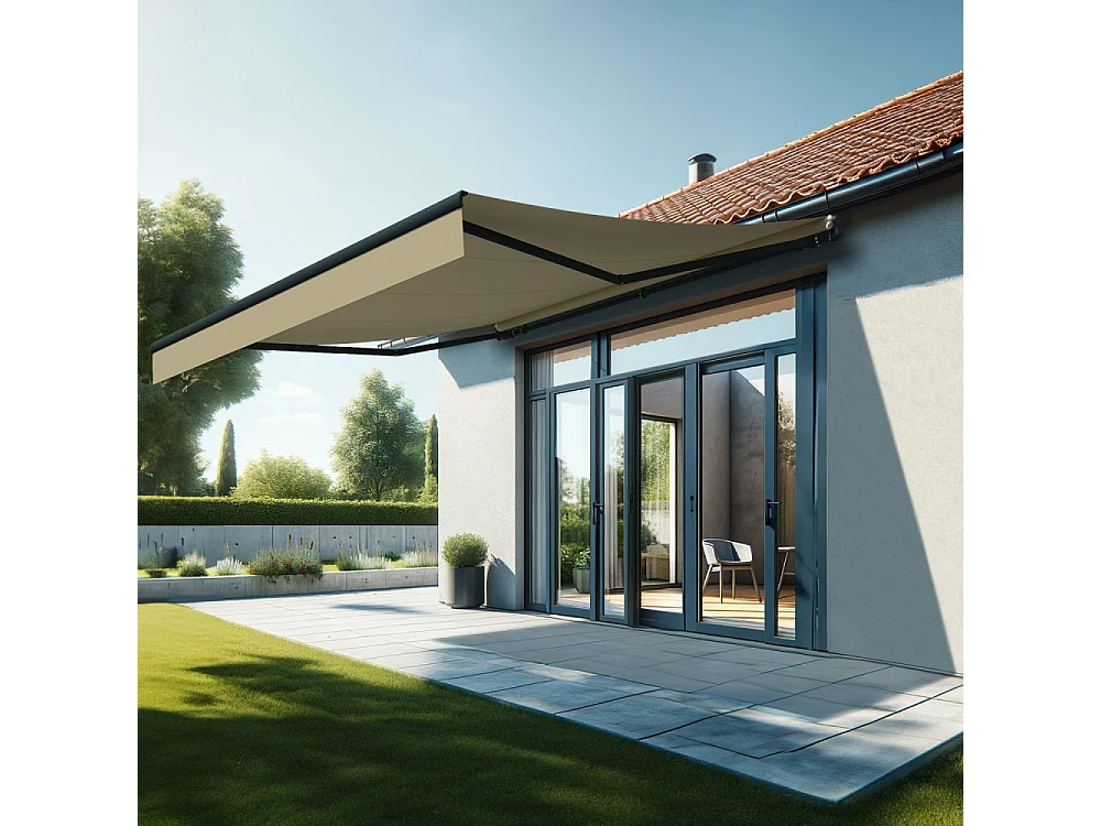 Store banne monobloc ESPAI 4,00x3,50m (Manuelle - Ecru - Gris anthracite)
