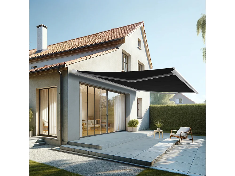 Store banne coffre MEEL 6,00x3,50m (Manuelle - Noir - Blanc)