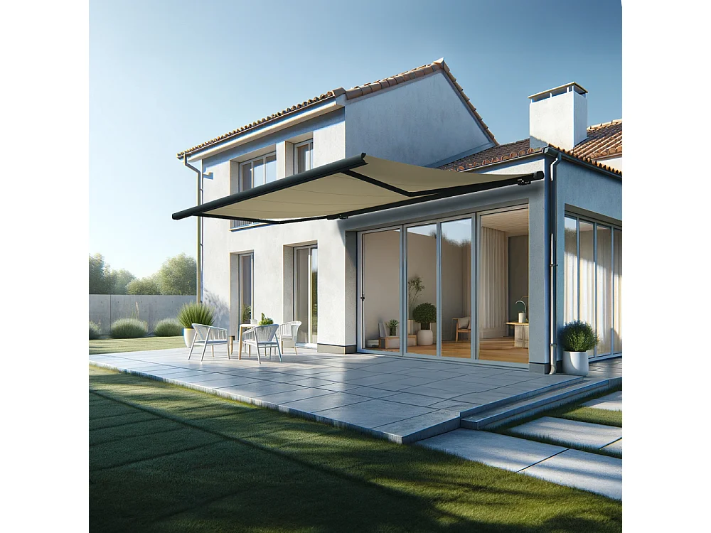 Store banne coffre MEEL 5,00x3,50m (Manuelle - Ecru - Gris anthracite)