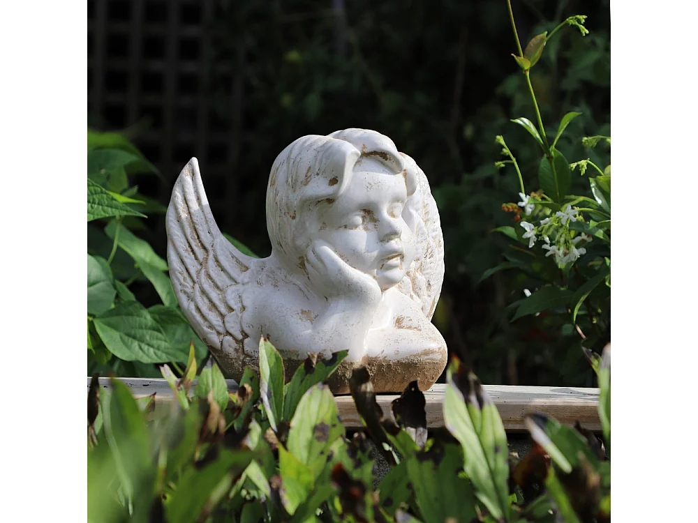 Statue statuette sculpture jardin ange chérubin ciment ivoire 18cm