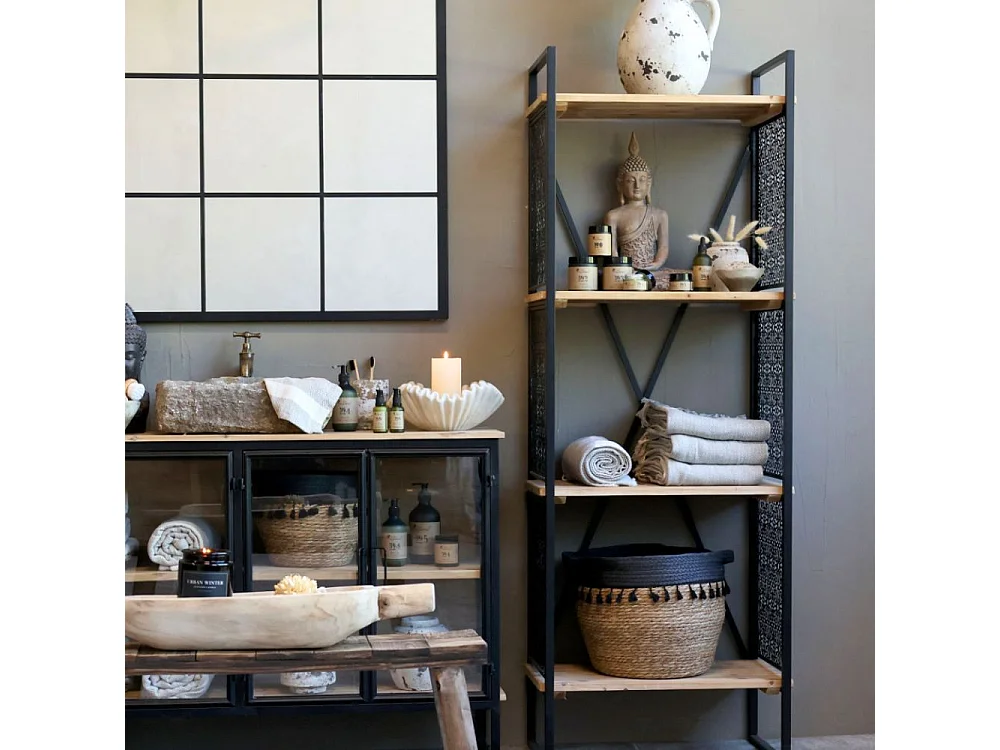 Etagère en bois de sapin marron et fer noir antique 60 x 35 x 168 cm