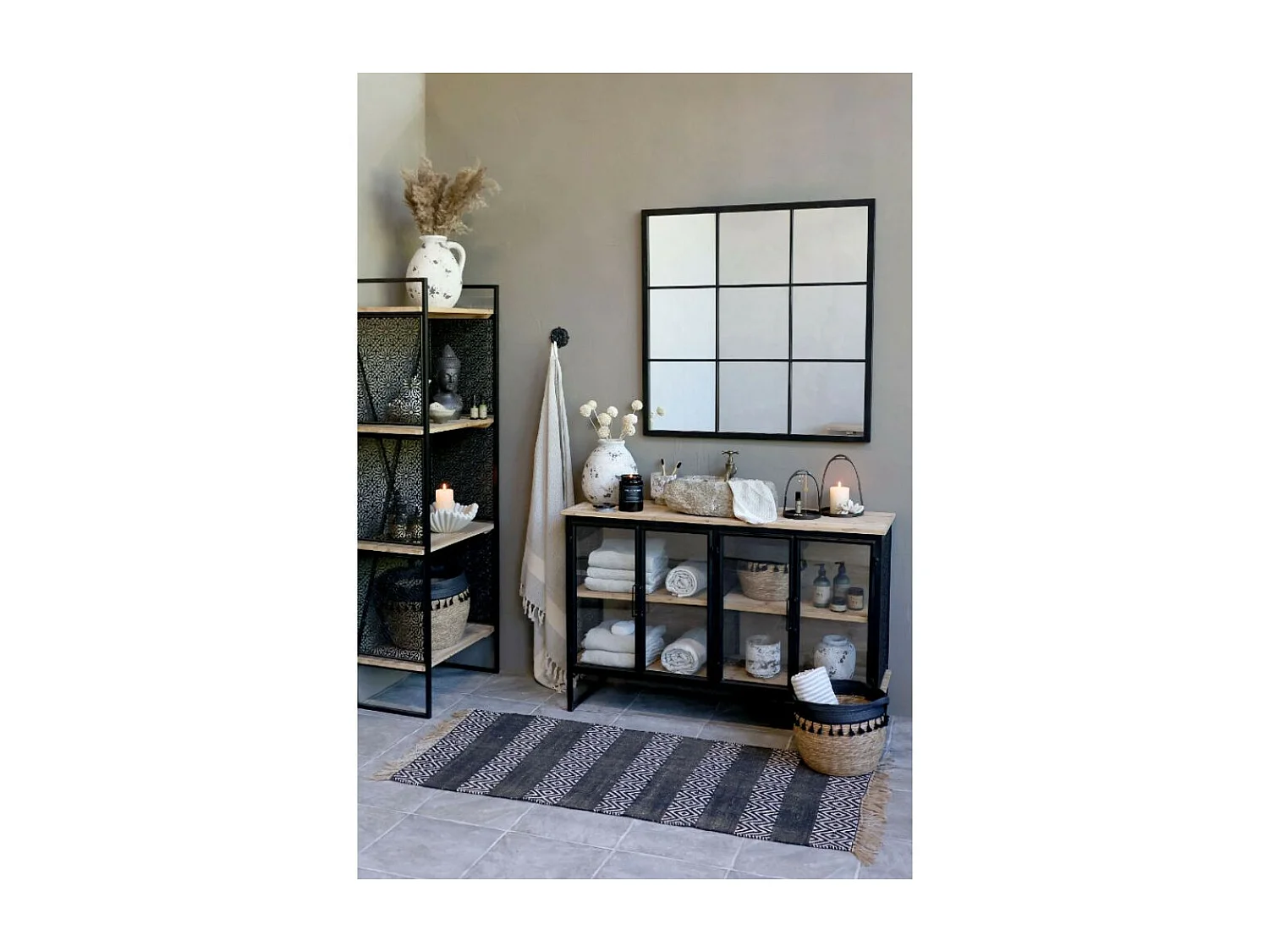 Etagère en bois de sapin marron et fer noir antique 60 x 35 x 168 cm