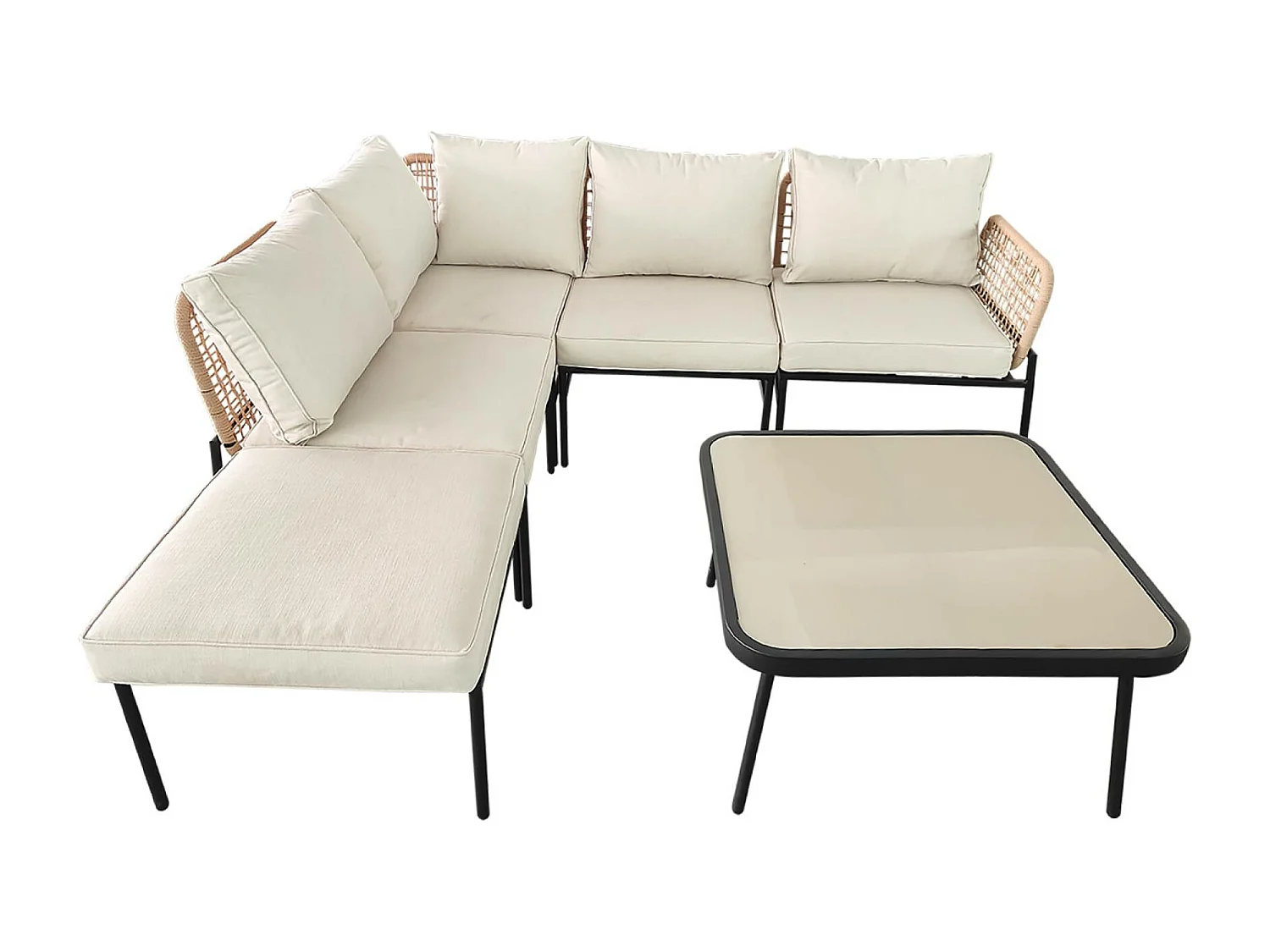 Salon de jardin d'angle en acier et cordes beige TALIA. 5 personnes