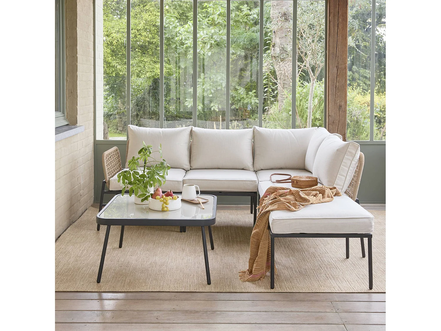 Salon de jardin d'angle en acier et cordes beige TALIA. 5 personnes