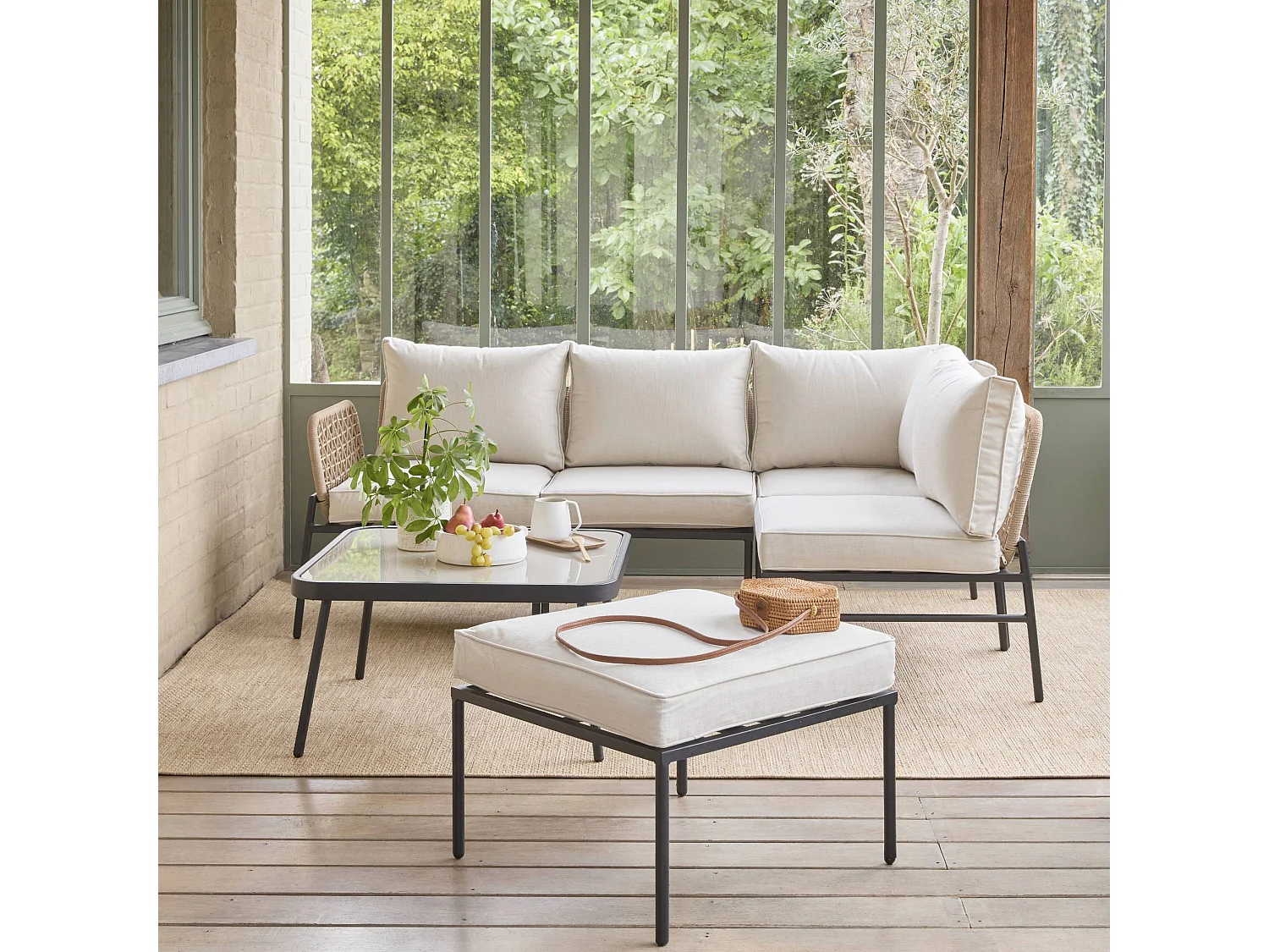 Salon de jardin d'angle en acier et cordes beige TALIA. 5 personnes