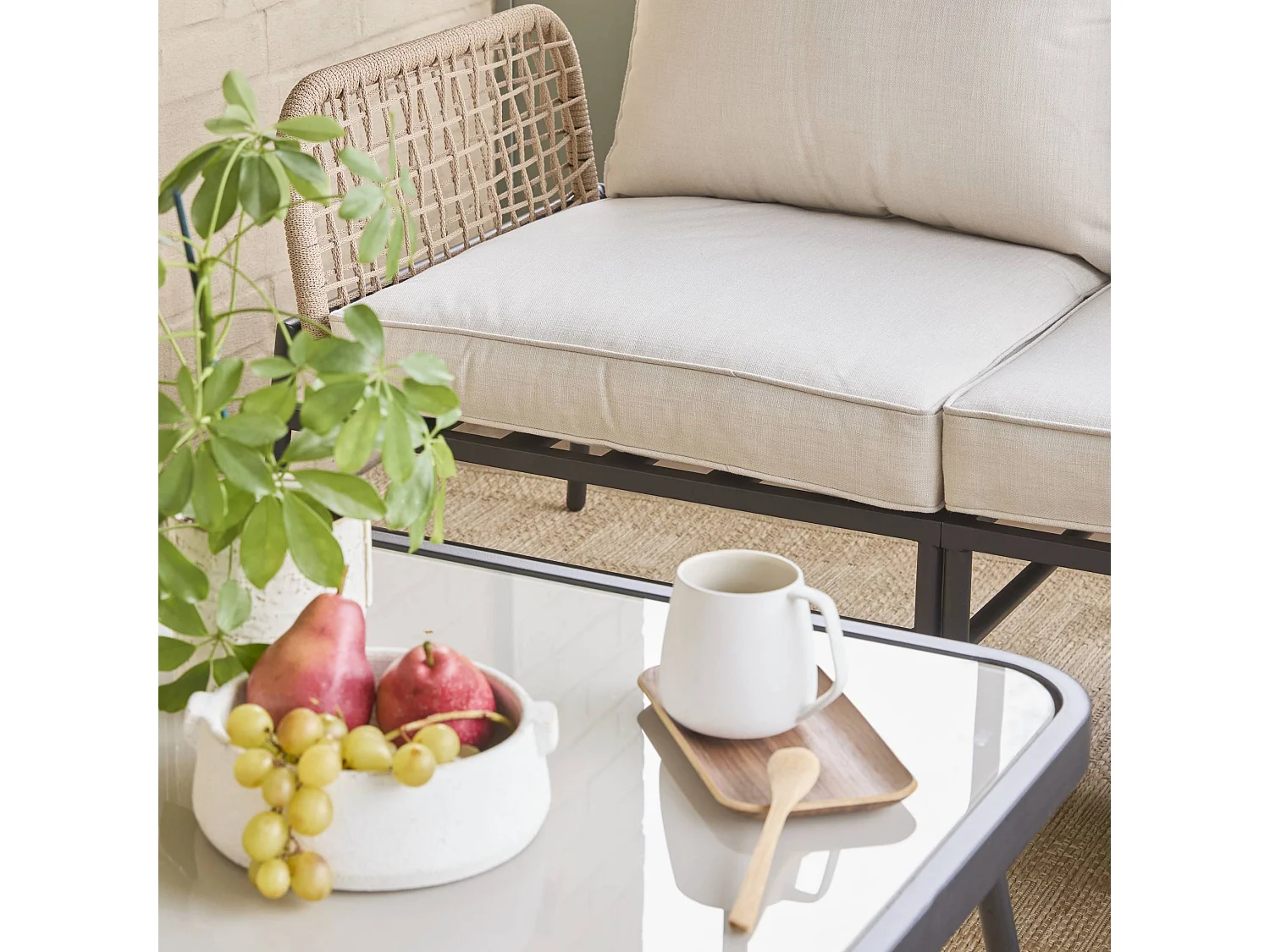 Salon de jardin d'angle en acier et cordes beige TALIA. 5 personnes