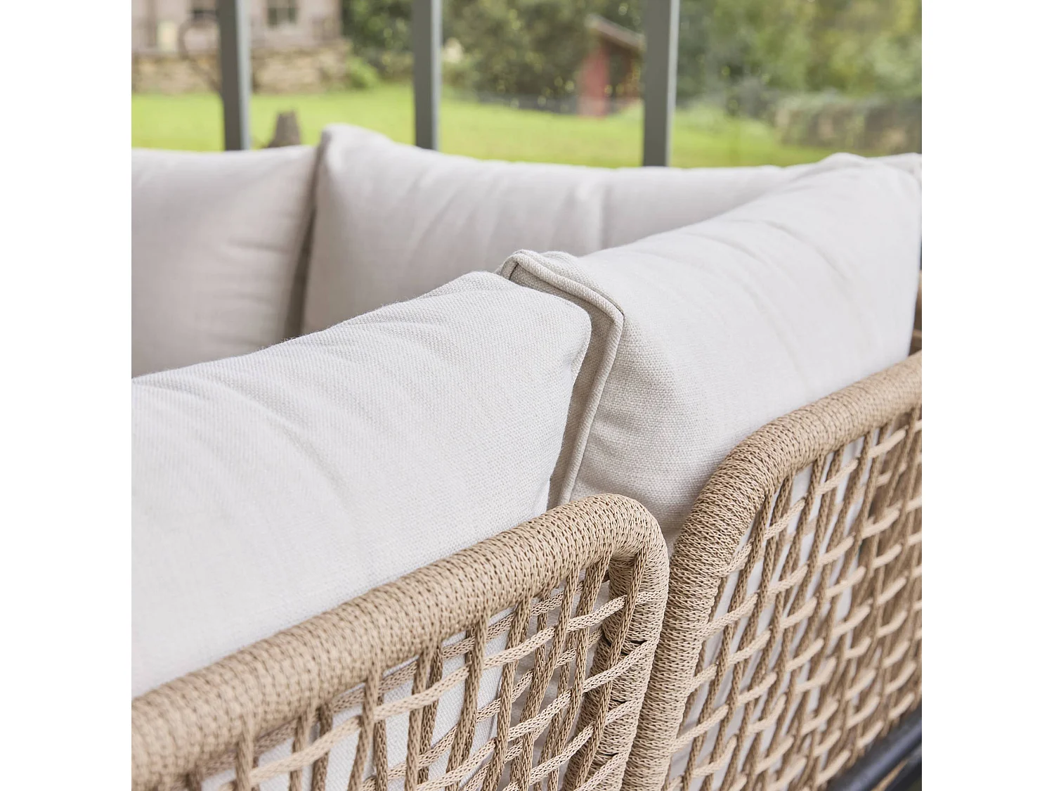 Salon de jardin d'angle en acier et cordes beige TALIA. 5 personnes