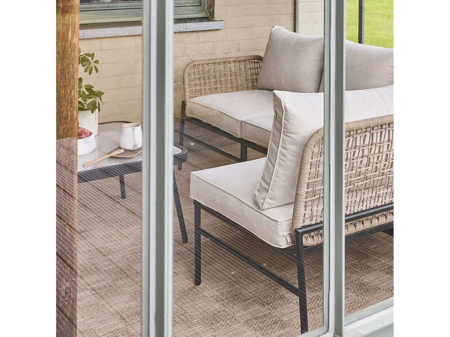 Salon de jardin d'angle en acier et cordes beige TALIA. 5 personnes