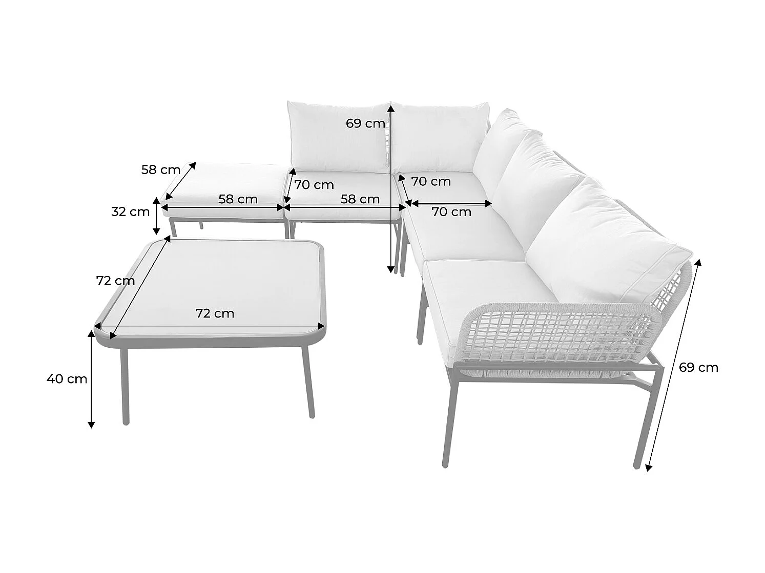 Salon de jardin d'angle en acier et cordes beige TALIA. 5 personnes