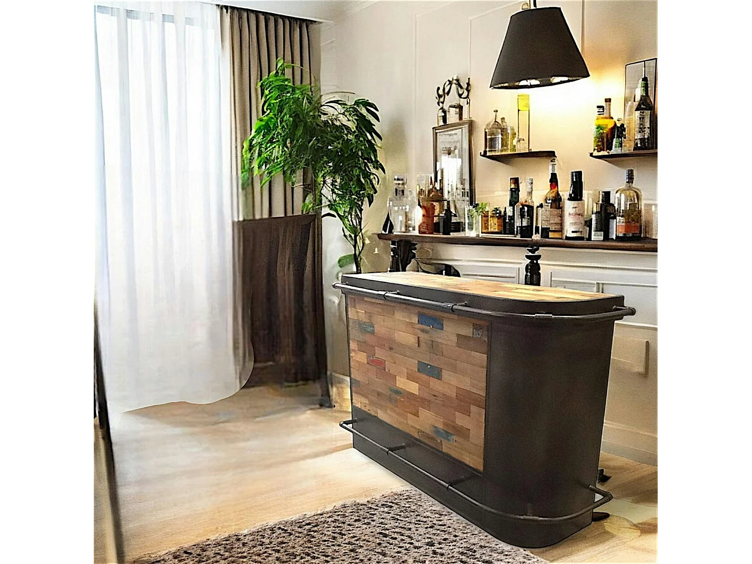 Meuble bar bois recyclé arrondi à droite 164x60 CARAVELLE