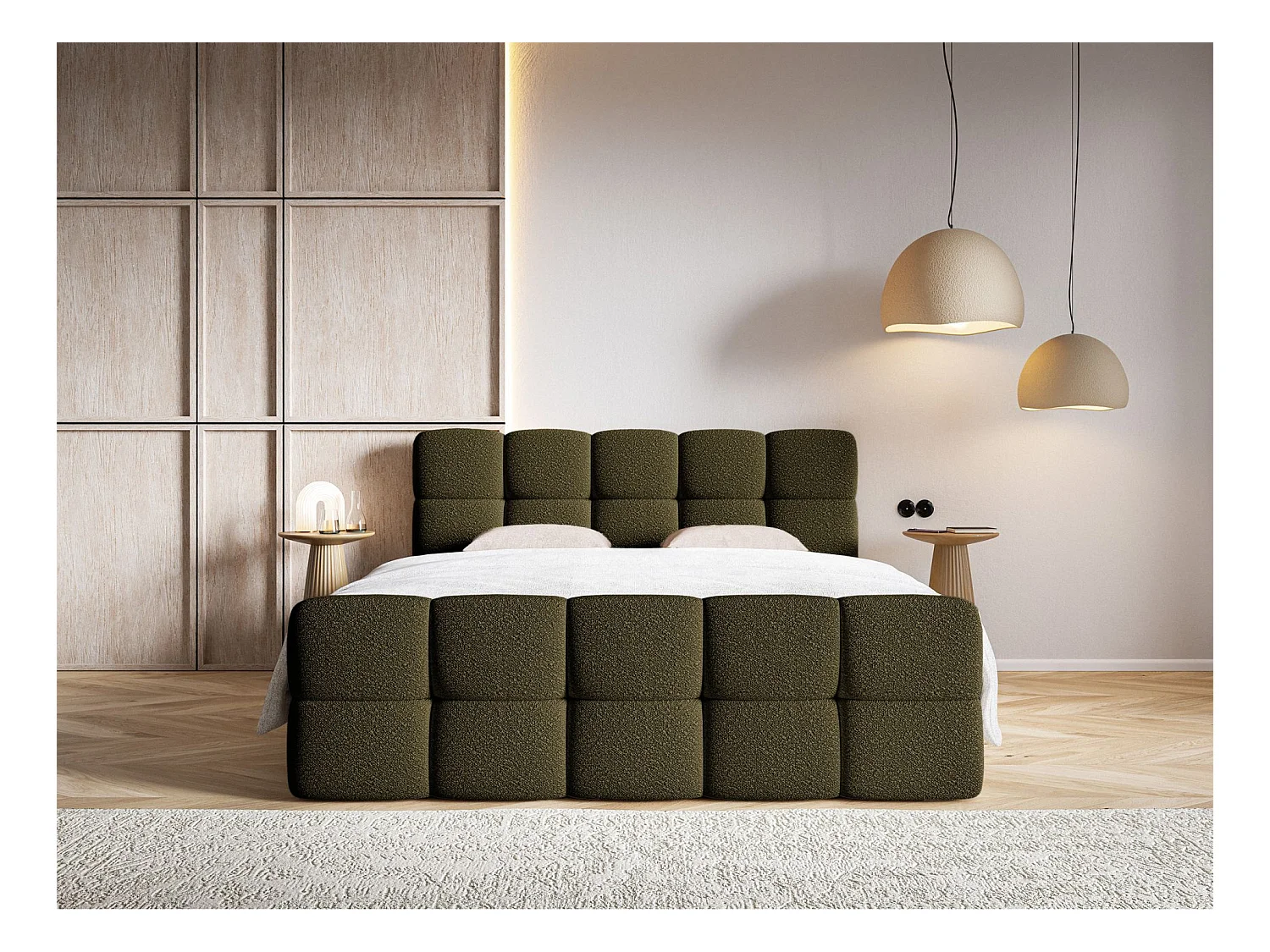 Lit continental - 160x200 cm - en bouclette vert olive - CLOUDY
