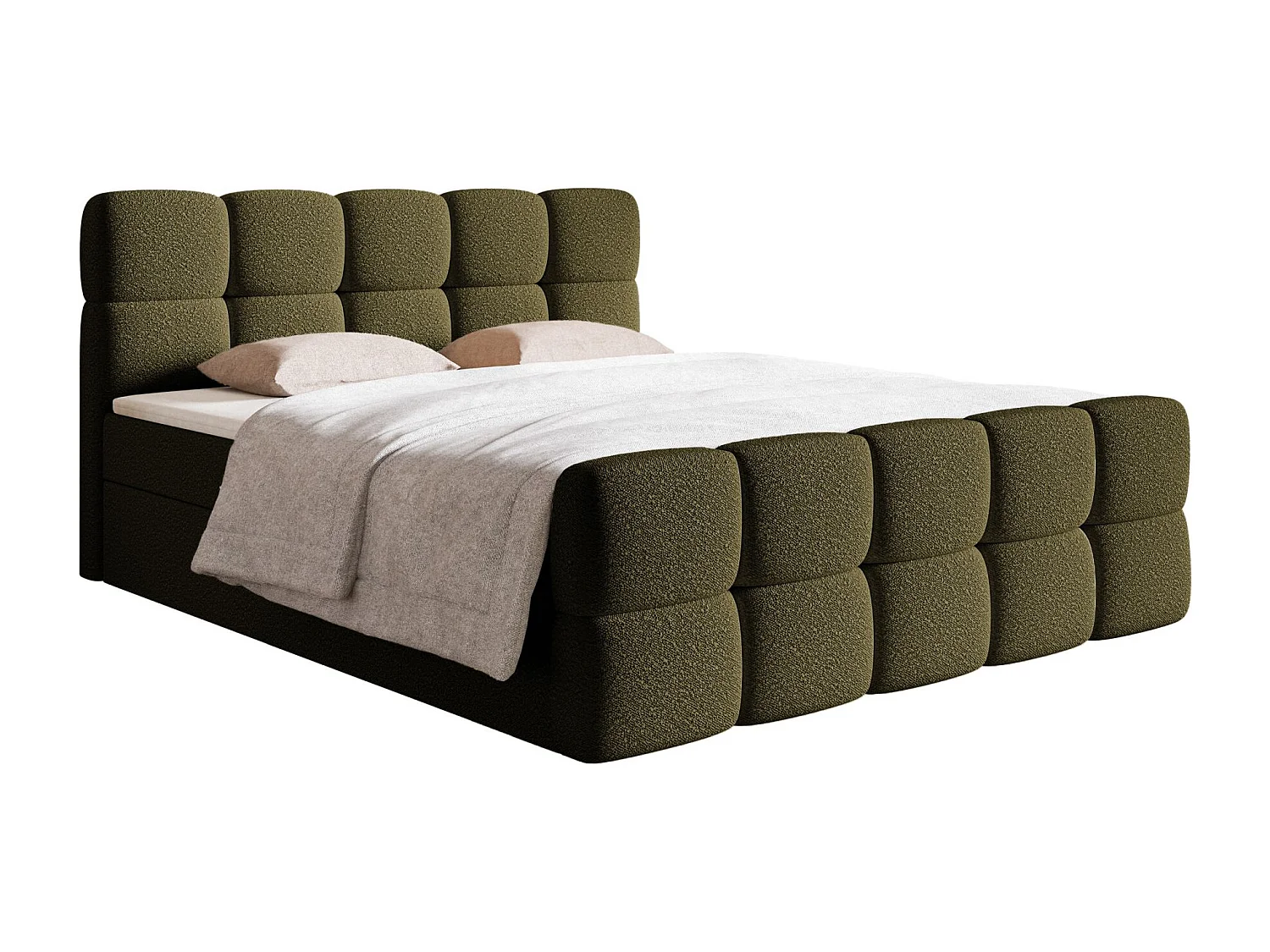 Lit continental - 160x200 cm - en bouclette vert olive - CLOUDY