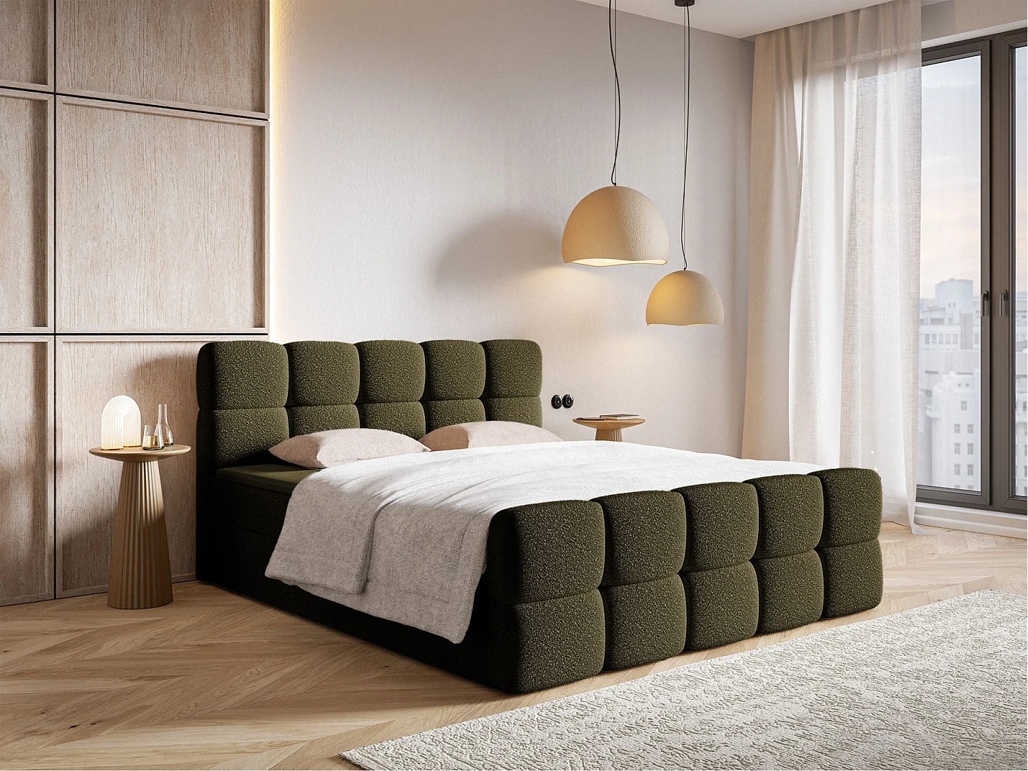 Lit continental - 160x200 cm - en bouclette vert olive - CLOUDY