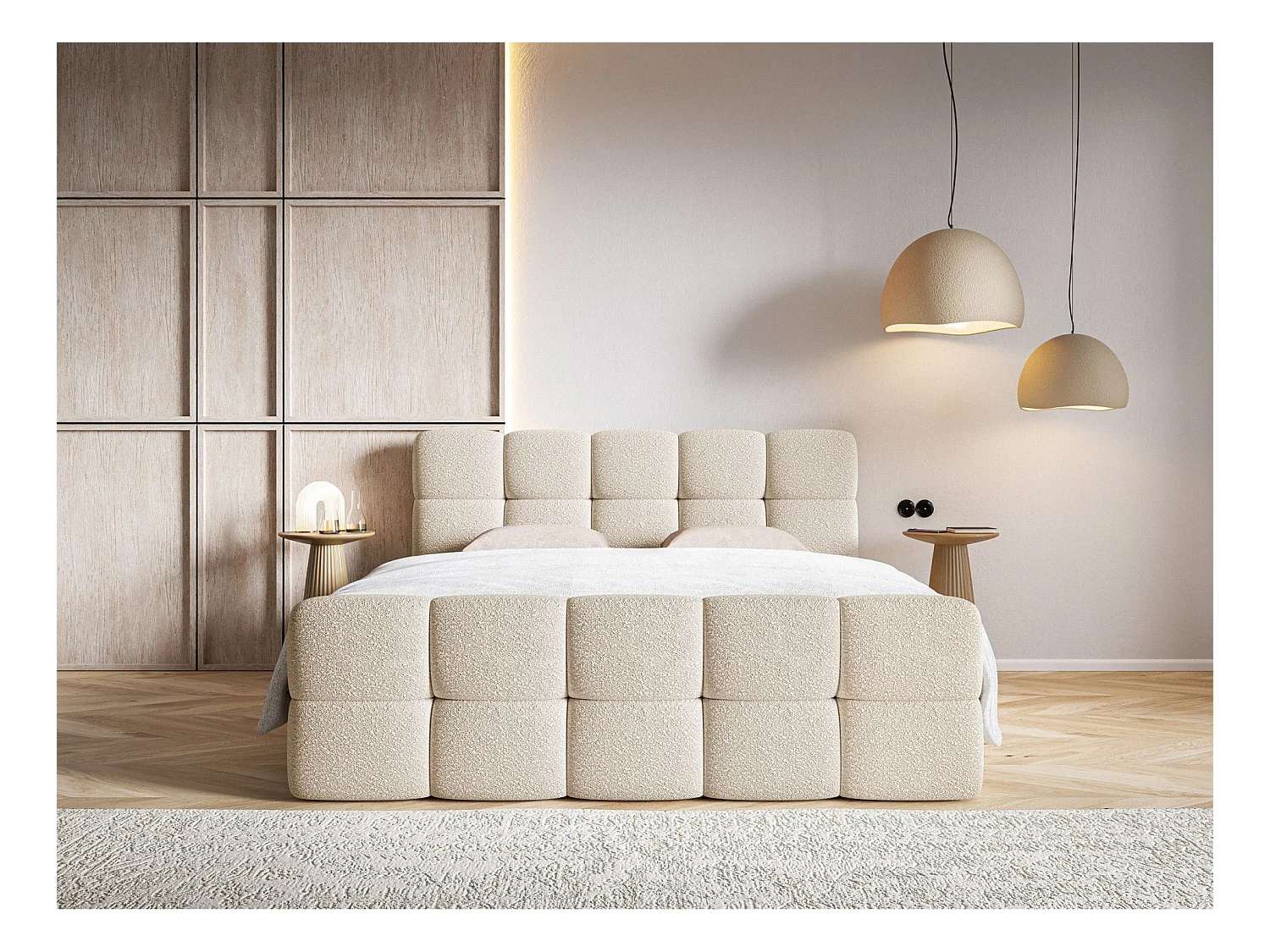 Lit continental - 160x200 cm - en bouclette beige clair - CLOUDY