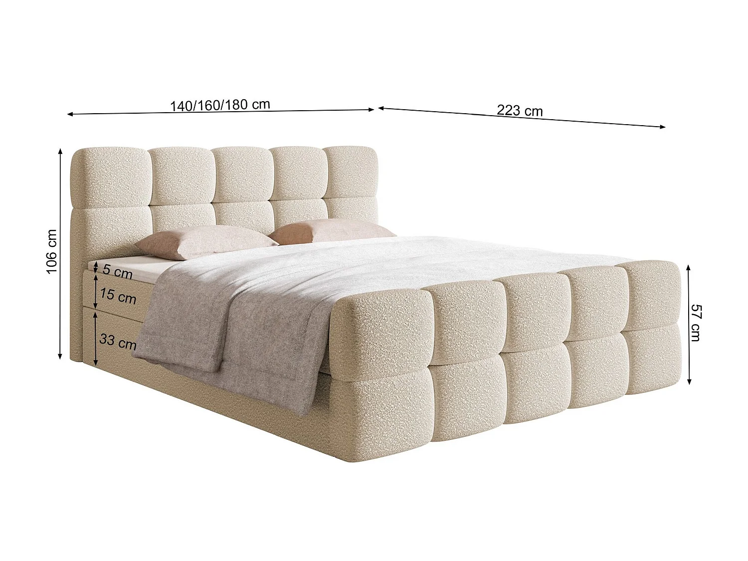 Lit continental - 160x200 cm - en bouclette beige clair - CLOUDY