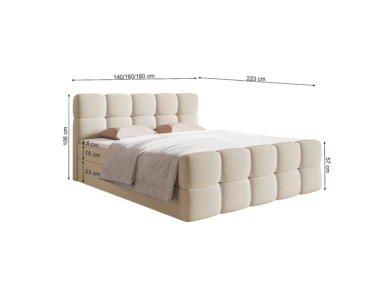 Lit continental - 160x200 cm - en bouclette beige clair - CLOUDY