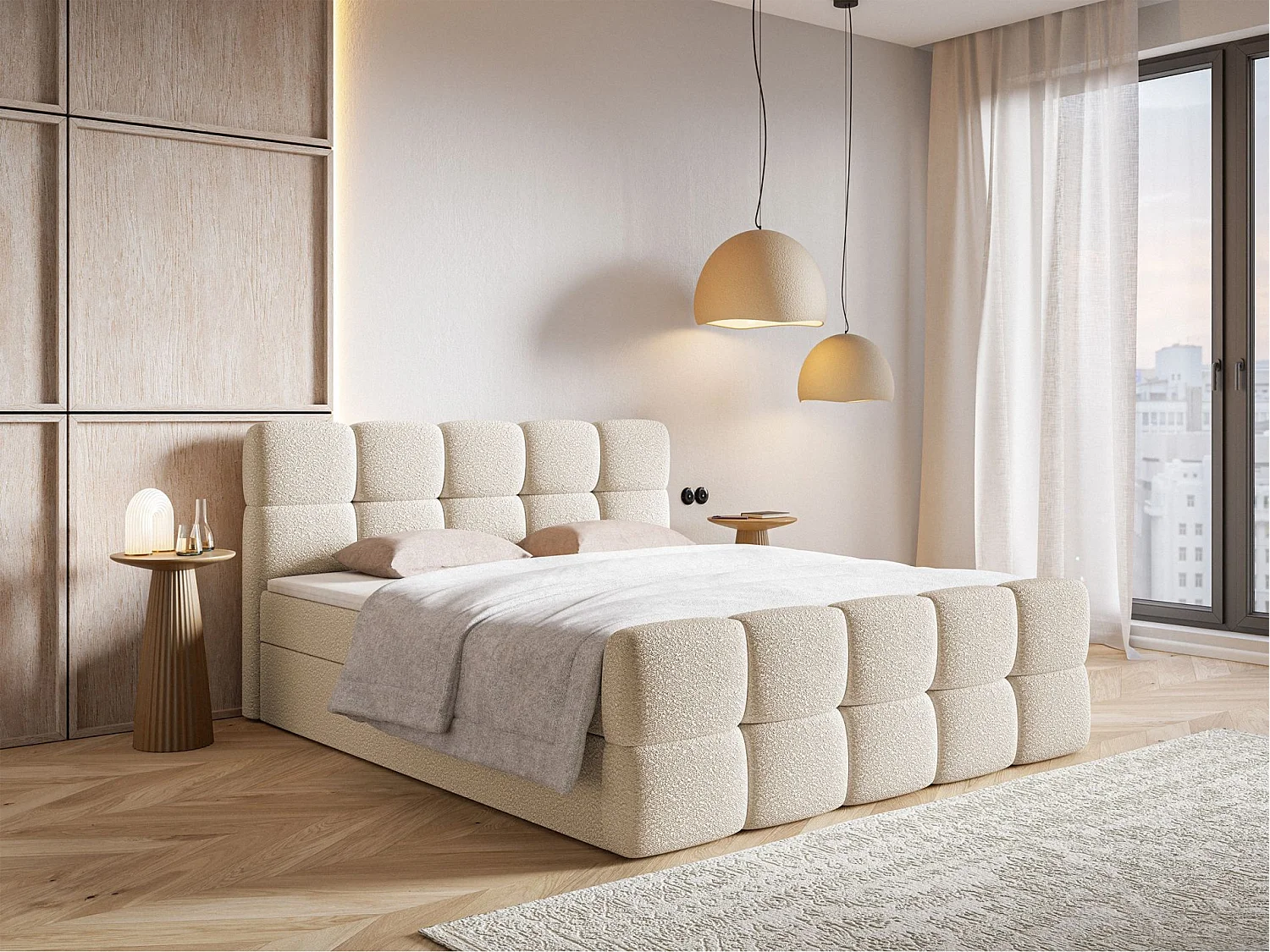 Lit continental - 180x200 cm - en bouclette beige clair - CLOUDY