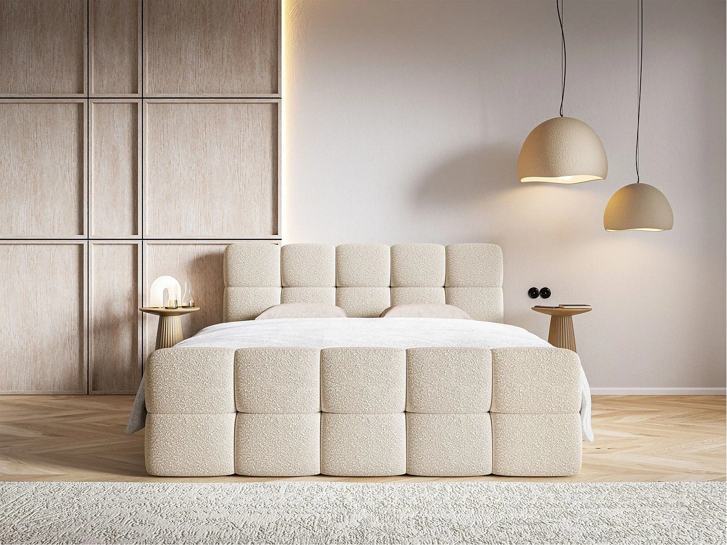 Lit continental - 140x200 cm - en bouclette beige clair - CLOUDY