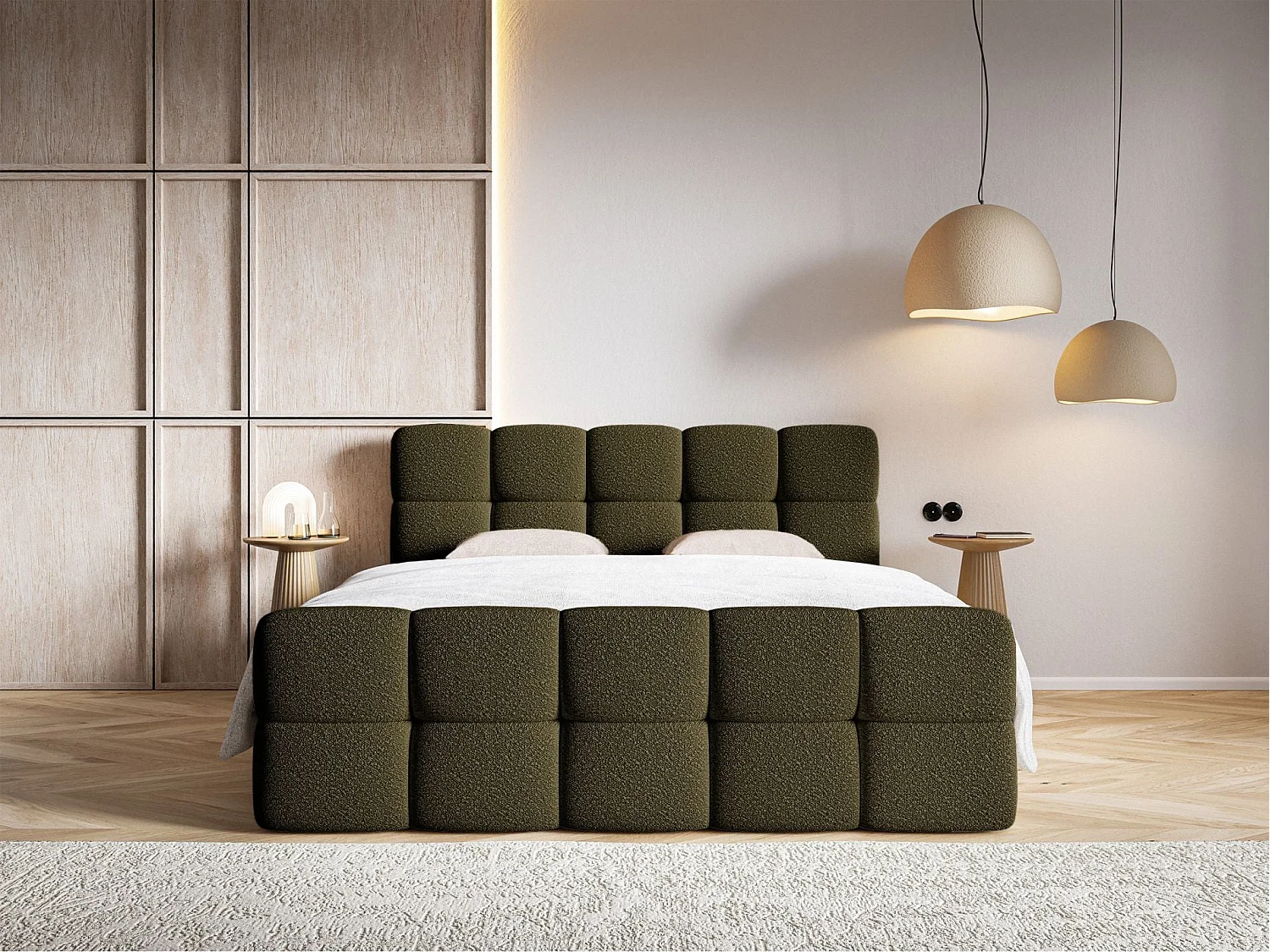 Lit continental - 140x200 cm - en bouclette vert olive - CLOUDY