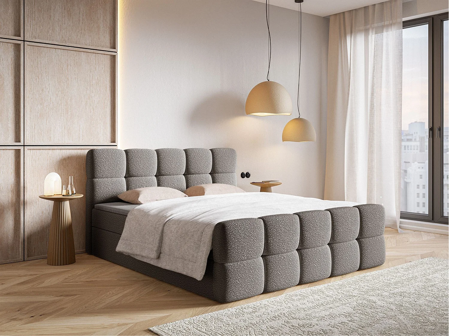 Lit continental - 160x200 cm - en bouclette gris - CLOUDY