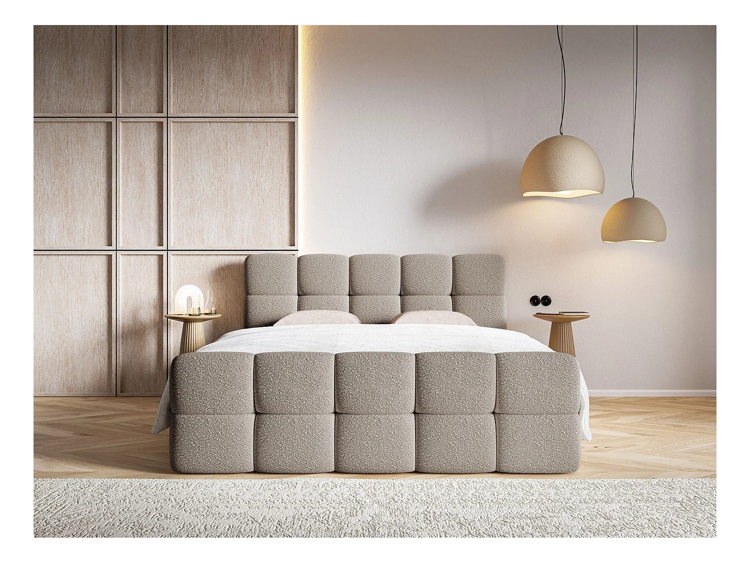 Lit continental - 160x200 cm - en bouclette gris-beige - CLOUDY
