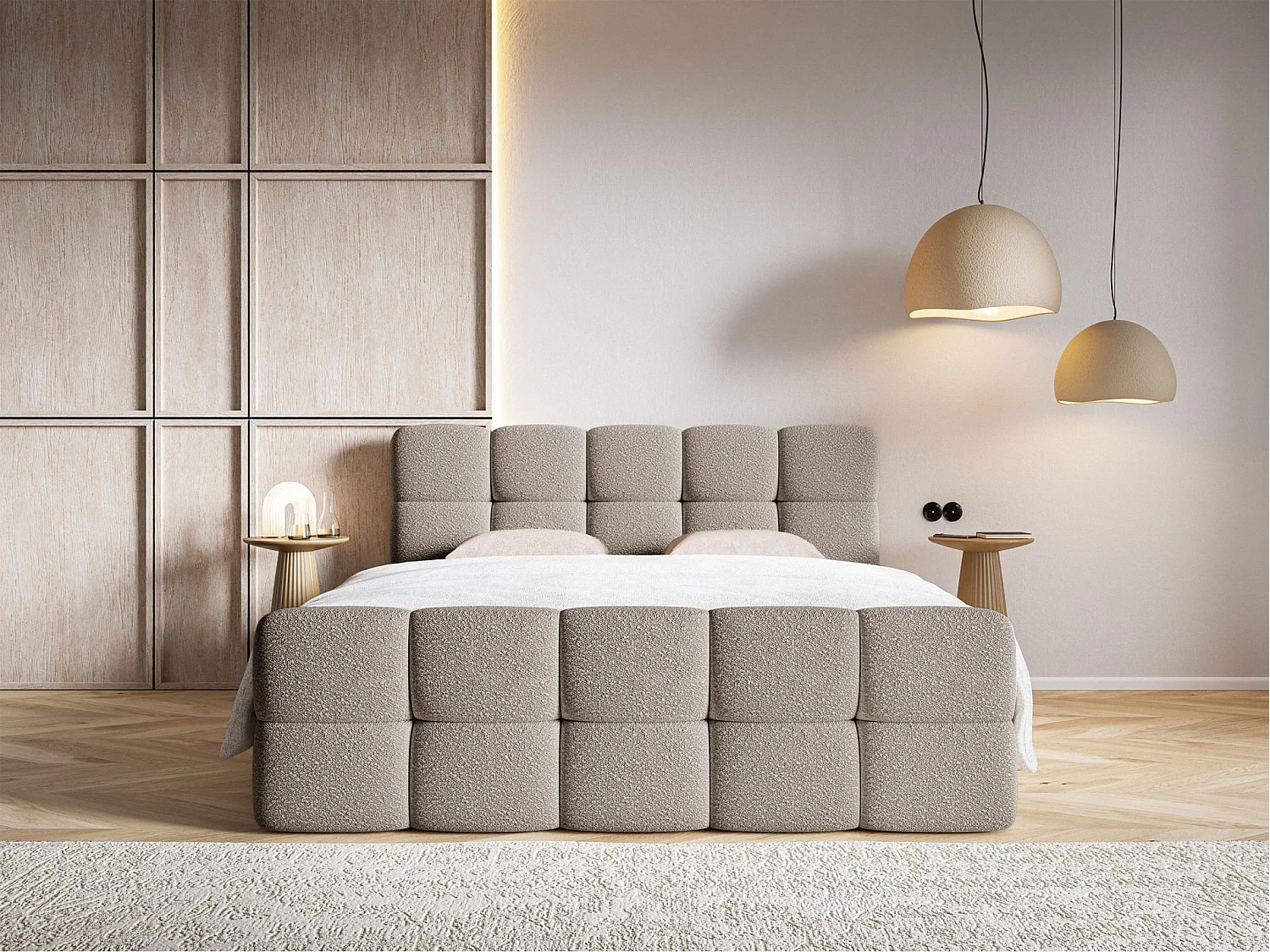 Lit continental - 160x200 cm - en bouclette gris-beige - CLOUDY
