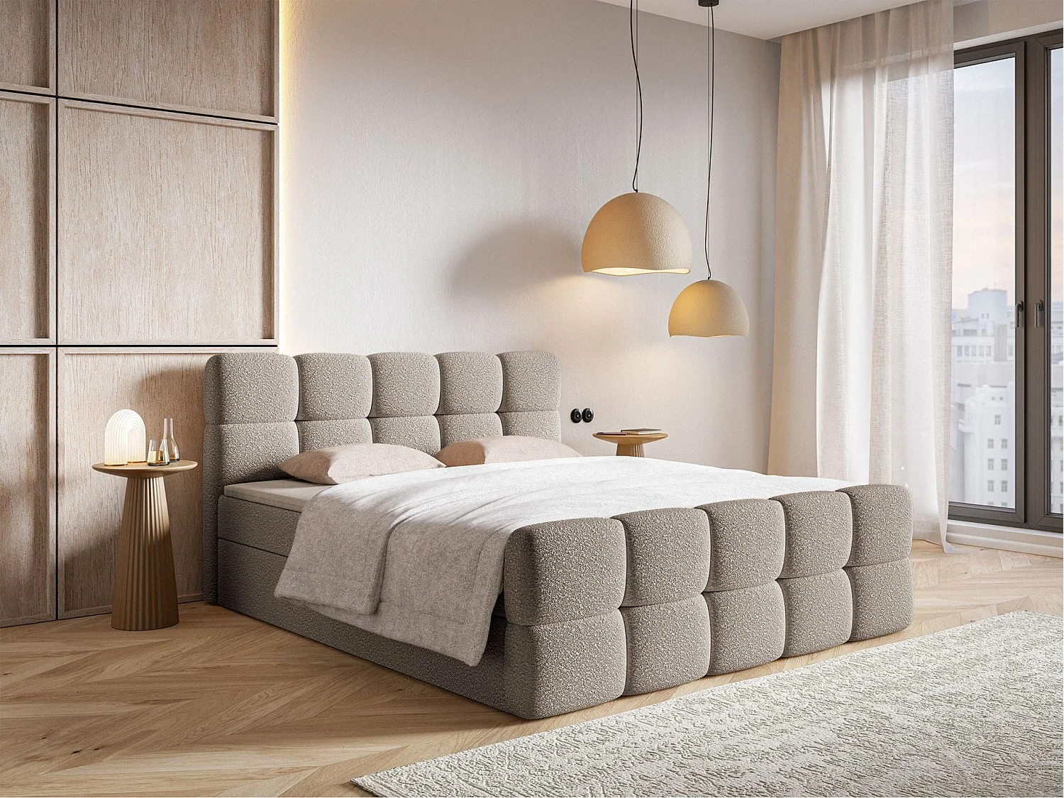 Lit continental - 160x200 cm - en bouclette gris-beige - CLOUDY