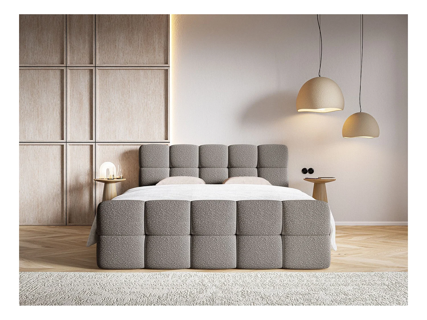 Lit continental - 180x200 cm - en bouclette gris - CLOUDY