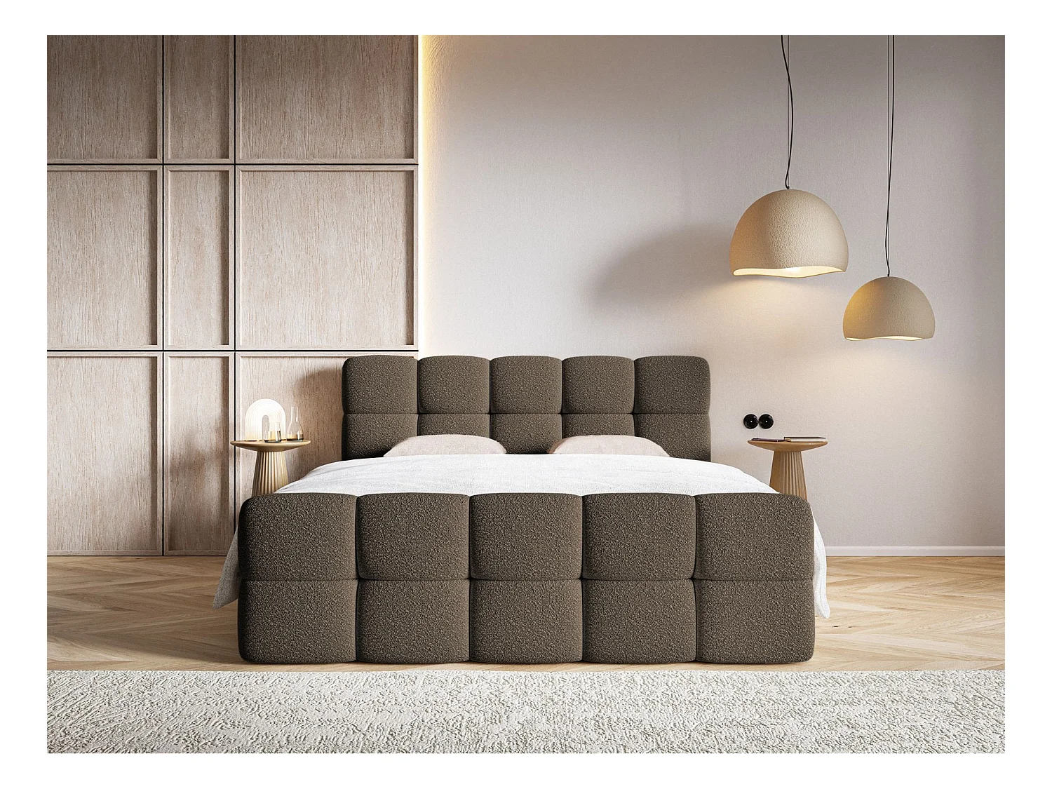 Lit continental - 160x200 cm - en bouclette brun - CLOUDY