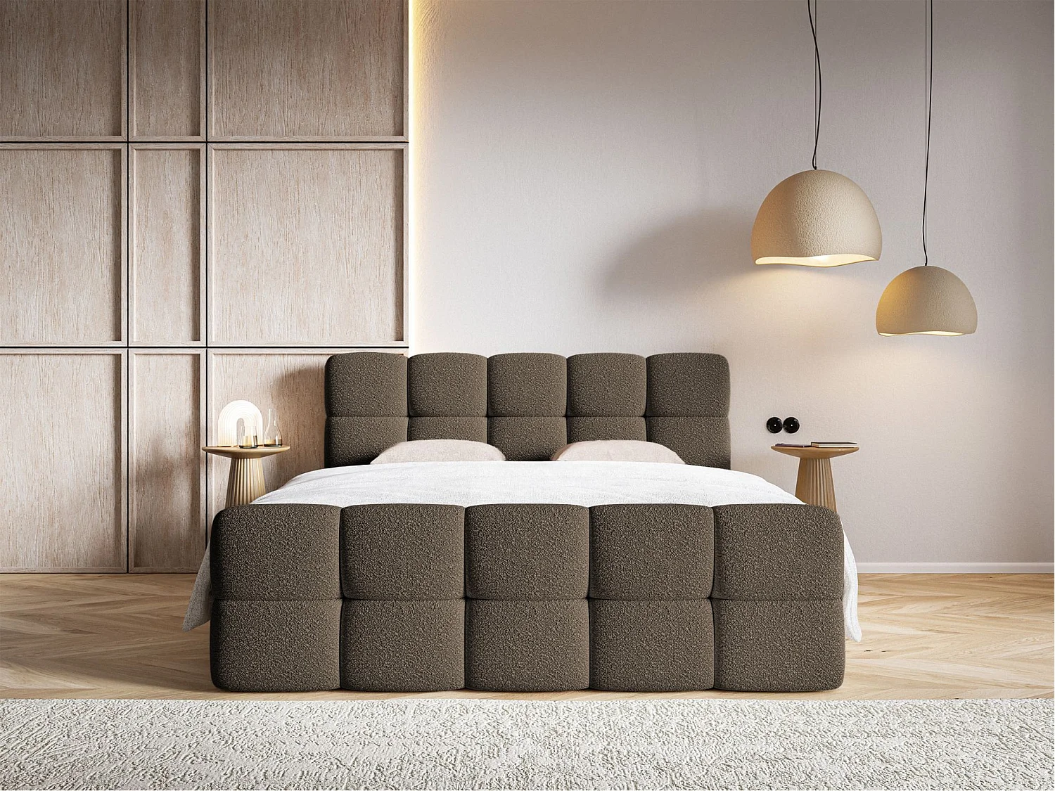 Lit continental - 160x200 cm - en bouclette brun - CLOUDY