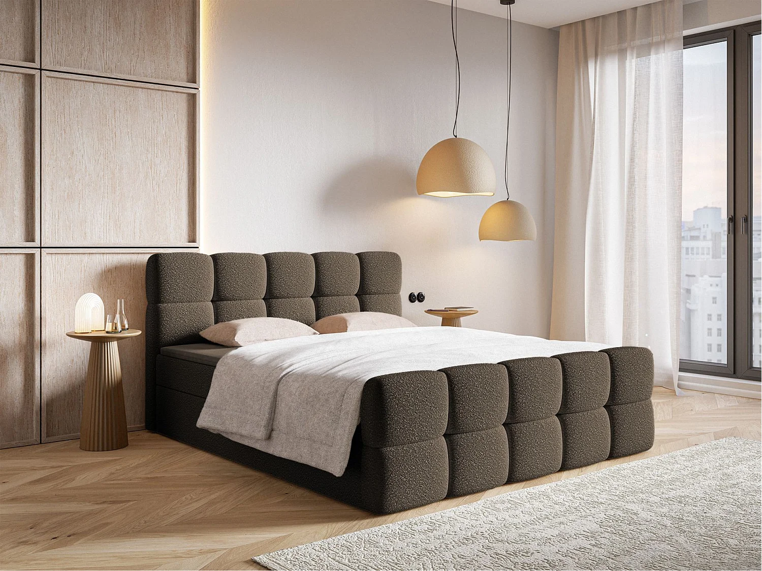Lit continental - 160x200 cm - en bouclette brun - CLOUDY