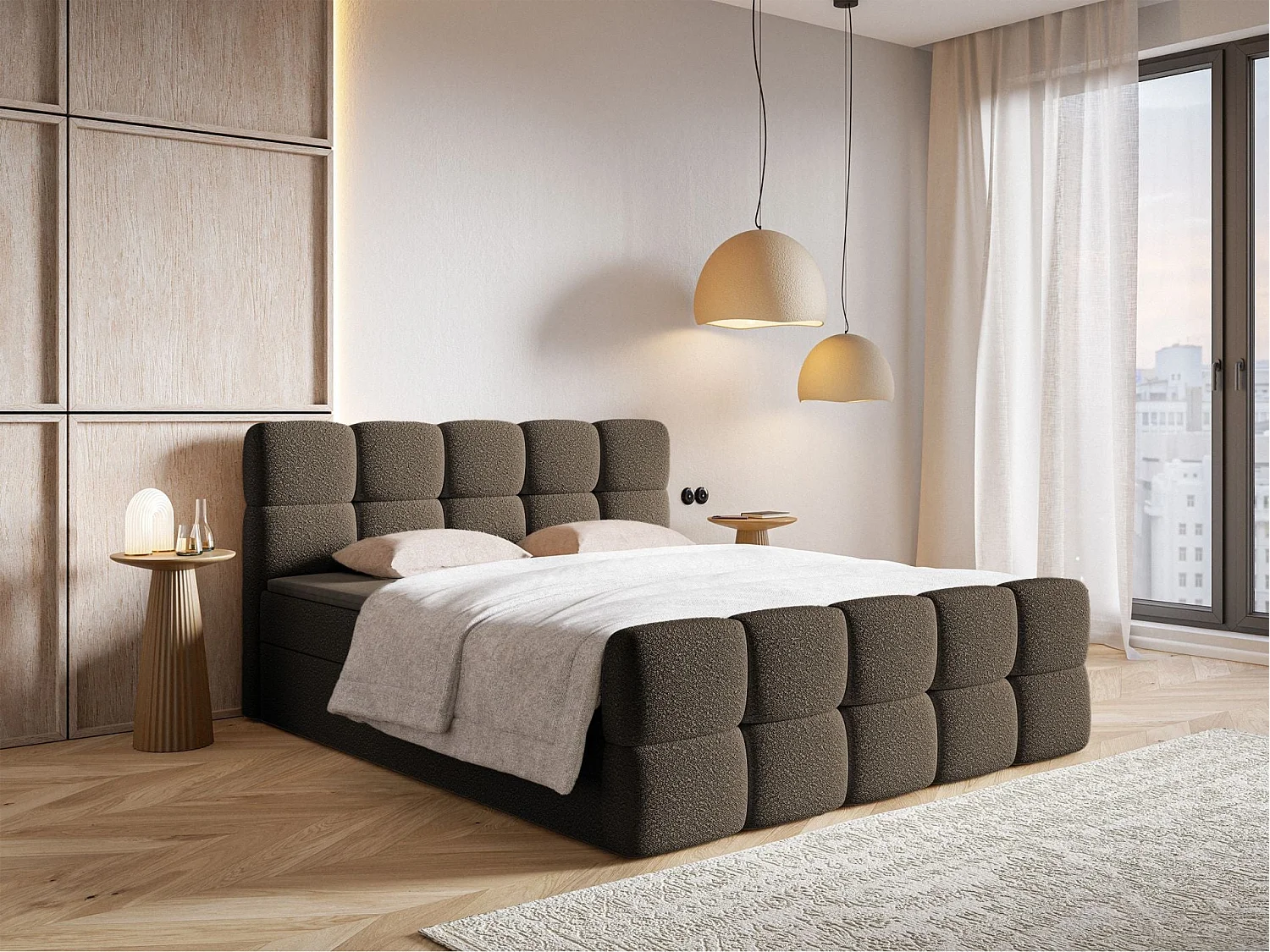 Lit continental - 160x200 cm - en bouclette brun - CLOUDY