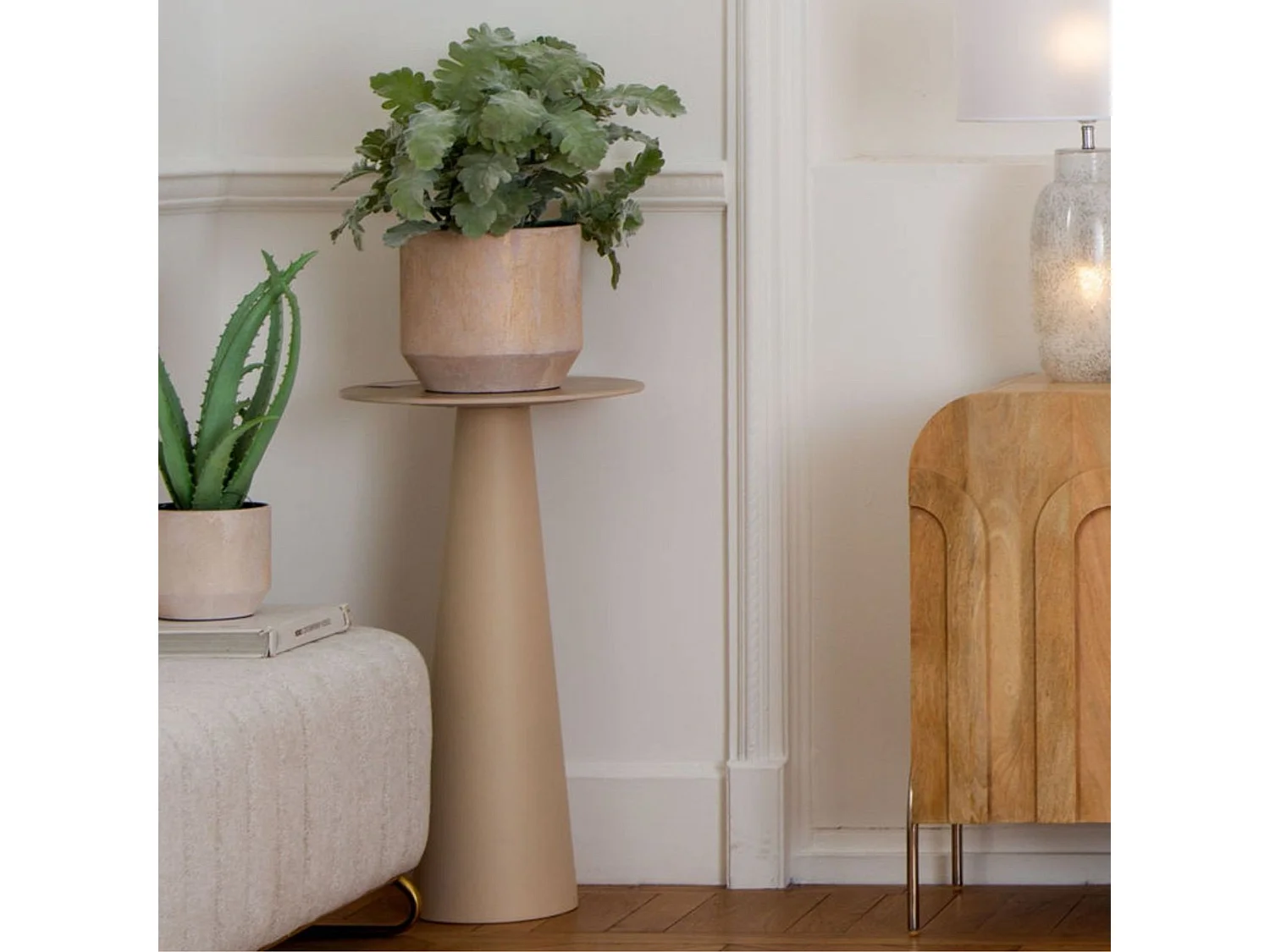 Sellette ronde en céramique et pied central beige D40 - CAMILLE